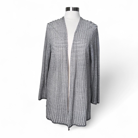 Eileen Fisher Fine Organic Linen Crepe Knit Simple Striped Cardigan Sweater Sz M - Picture 11 of 11